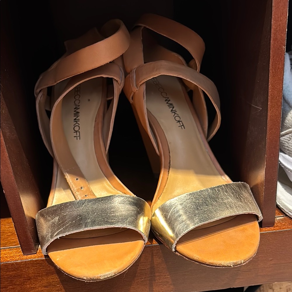 Rebecca Minkoff Tan and Gold Heels with Strappy Design